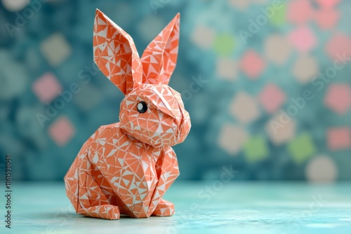 Colorful origami rabbit sits on a surface with a blurred background filled with soft pastel colors photo