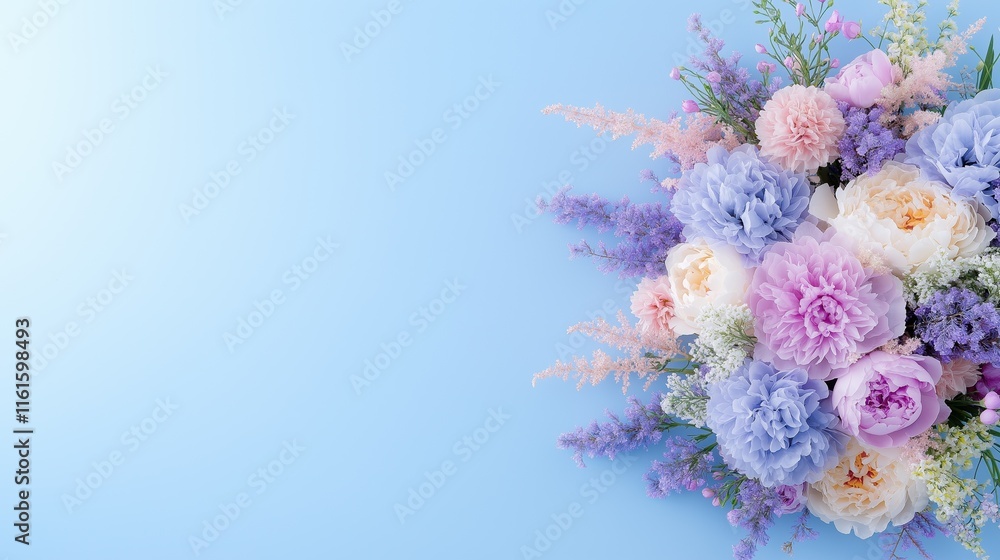 Elegant floral arrangement of pastel peonies and hydrangeas on light blue background Elegant floral arrangement of pastel peonies and hydrangeas on light blue background