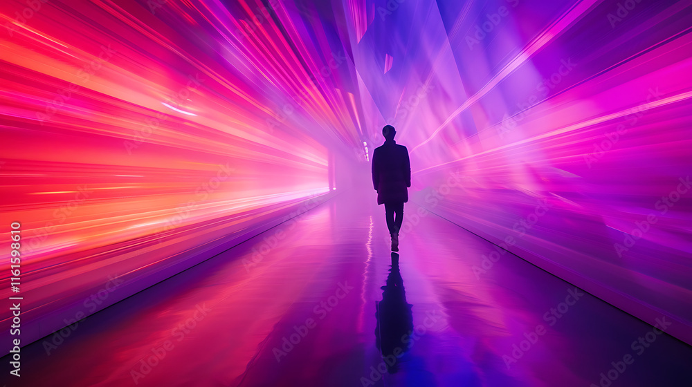 Silhouette Walking Through Neon Light Tunnel Silhouette Walking Through Neon Light Tunnel