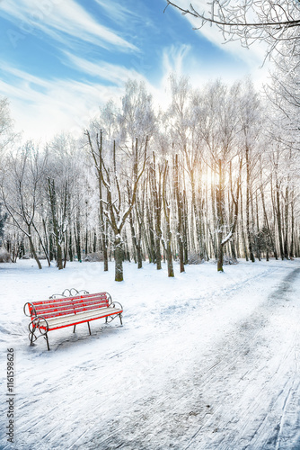 Obraz na płótnie Incredible view of park bench and trees covered by heavy snow. w salonie