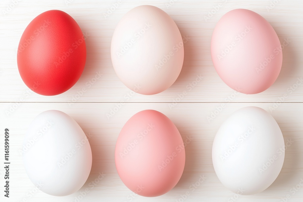 Fototapeta premium Unique red egg amidst pastel shades on white background for easter and minimalism concept
