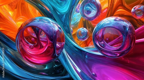 Abstract vibrant swirling liquid forms with reflective spheres. photo