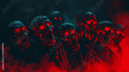 A group of grotesque, skull-faced zombies with glowing red eyes screams into the night, capturing a visceral expression of horror, fear, and impending doom in dark art. Vesperal. Illustration photo