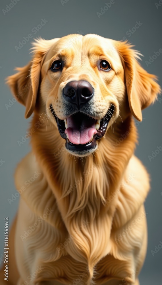 Friendly golden retriever with a big smile on its face and white teeth, happy animal, happy dog