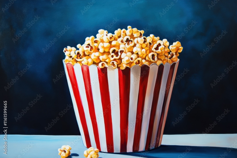 A Painting Of Popcorn In A Striped Bucket A Painting Of Popcorn In A Striped Bucket