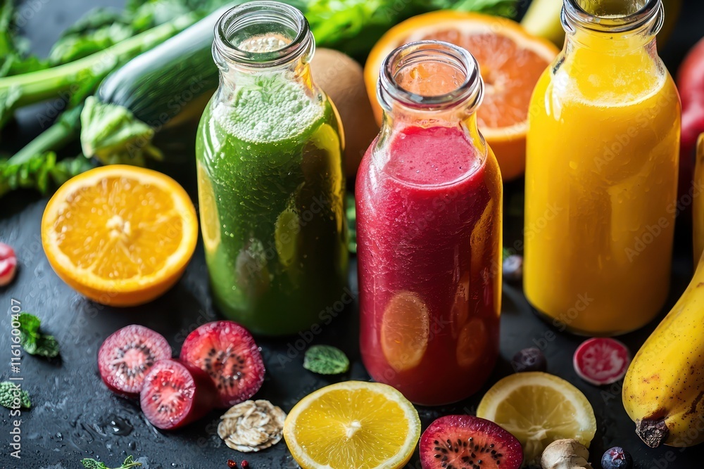 Fresh fruit and vegetable smoothies or juices presented in bottles with assorted ingredients surrounding them Fresh fruit and vegetable smoothies or juices presented in bottles with assorted ingredients surrounding them