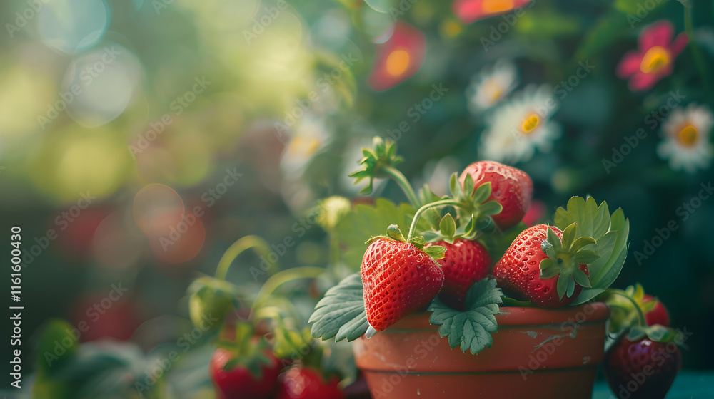 Fresh Red Strawberries in a Terracotta Pot Surrounded by Blooms Fresh Red Strawberries in a Terracotta Pot Surrounded by Blooms