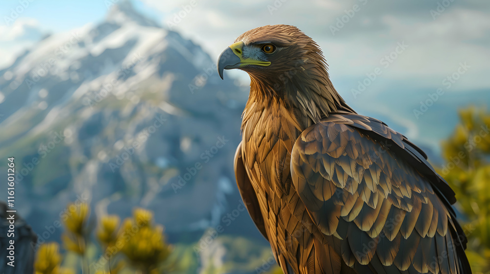 Majestic Eagle Perched on a Rock with Snowy Mountain Background
