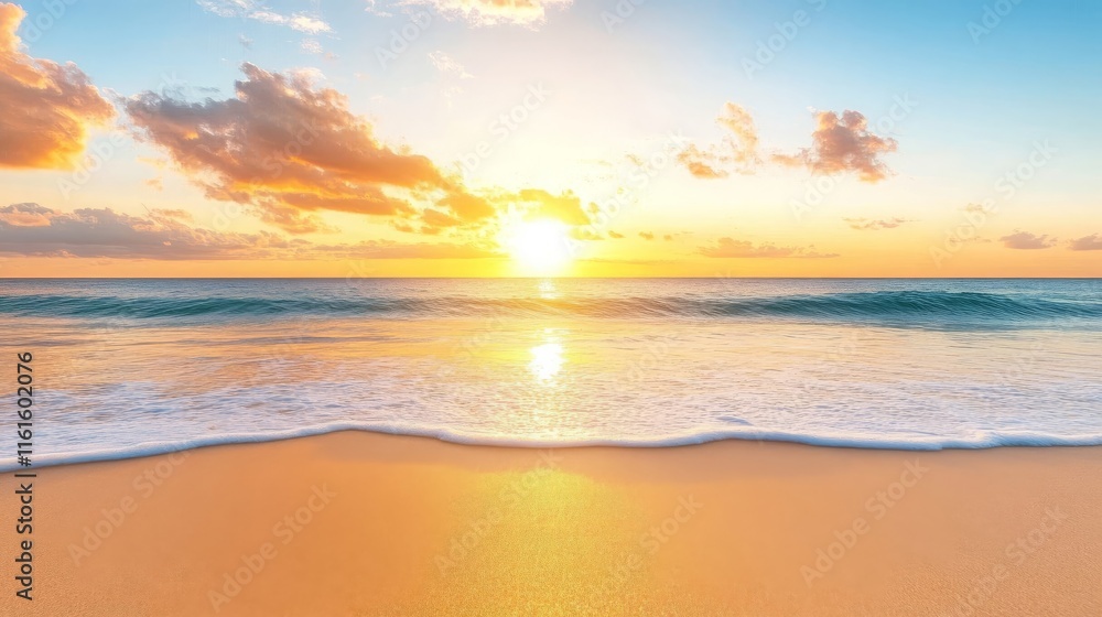 Obraz premium Stunning Beach Sunset Ocean Waves Sandy Shore Golden Hour