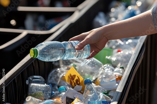 Wallpaper Mural Womans hand throwing a plastic bottle and paper into separate recycling bins, highlighting waste separation and environmental responsibility Torontodigital.ca