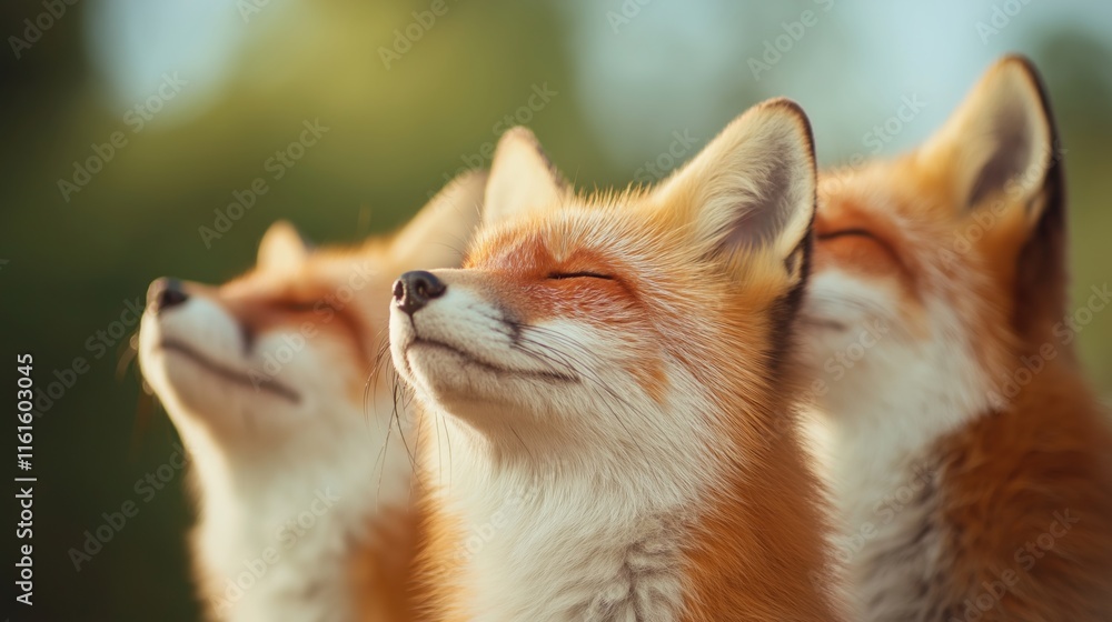 Fototapeta premium Three foxes basking in the sunlight with closed eyes and serene expressions in a natural setting.