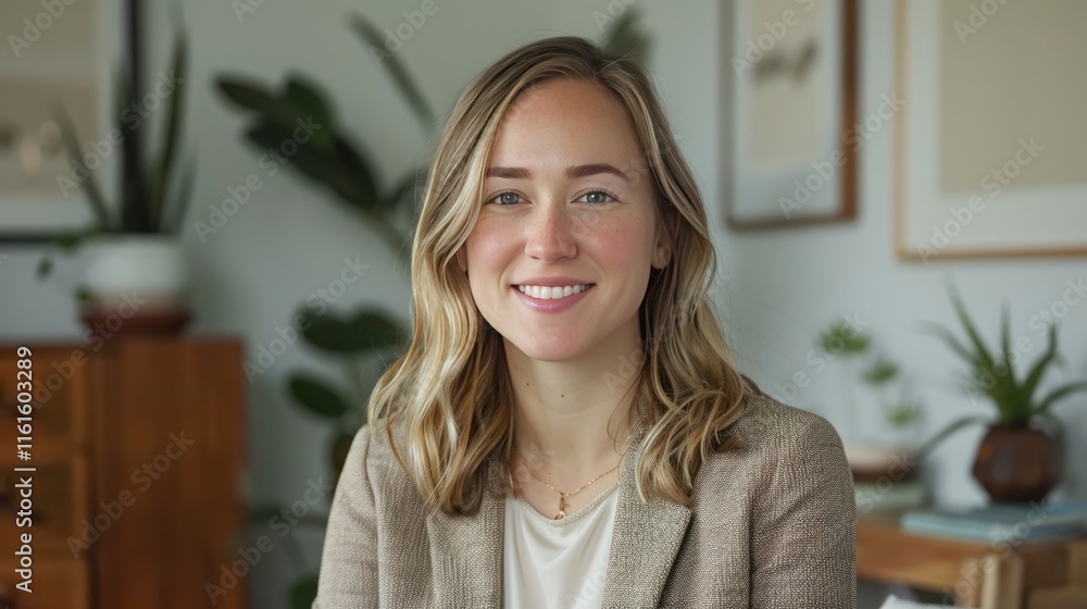 A smiling woman with wavy hair in a casual setting, surrounded by plants and decor. A smiling woman with wavy hair in a casual setting, surrounded by plants and decor.
