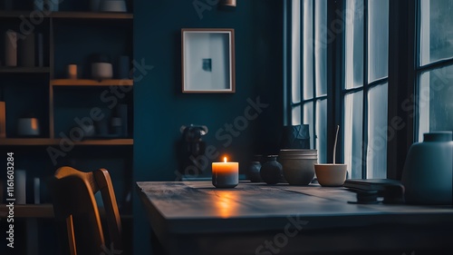 Dark room with single candle flickering on wooden table during power outage, creating serene atmosphere with soft glow illuminating scattered items.