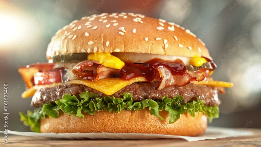 Delicious Hamburger with Cheese, Camera Moving Around. Fresh Junk Food with Beautiful Bokeh Kitchen Background. Cheeseburger Ready to Eat. Speed Ramp Effect.