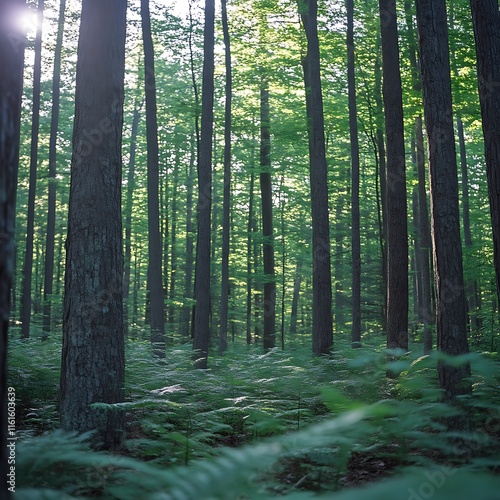 Sunlit Forest: Tall Trees and Lush Ferns in Serene Greens photo