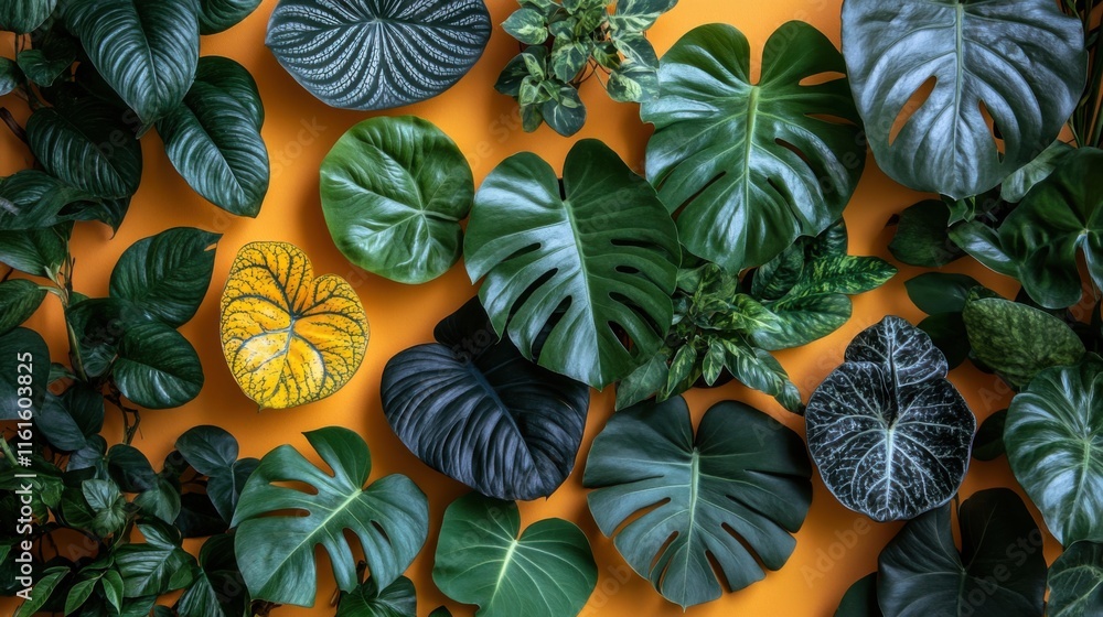 Naklejka premium A Vibrant Collection of Tropical Green Leaves on a Bright Orange Background Perfect for Nature Lovers and Interior Decor Inspiration