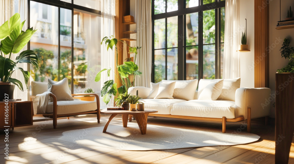Bright and airy modern living room showcasing a white sofa, large windows, wooden furniture, and lush green plants, creating a peaceful, serene atmosphere. Bright and airy modern living room showcasing a white sofa, large windows, wooden furniture, and lush green plants, creating a peaceful, serene atmosphere.
