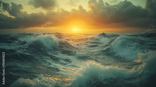 Dramatic ocean sunset with waves.