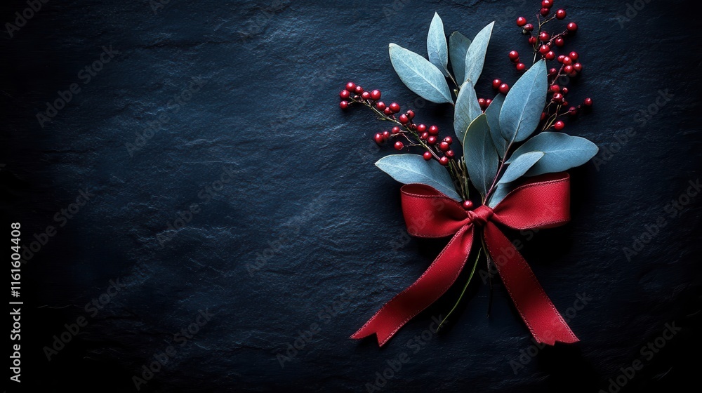 Fototapeta premium Elegant holiday arrangement featuring red berries, green eucalyptus leaves, and a luxurious satin ribbon against a dark slate background, perfect for seasonal celebrations or festive decor.