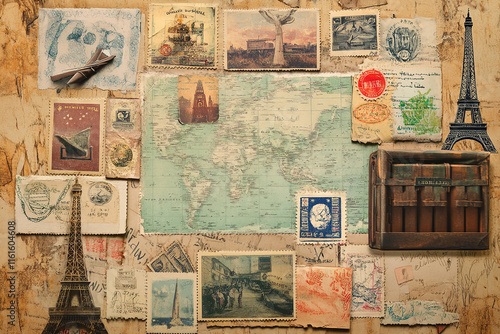The image features a collage of vintage postcards and stamps arranged on a weathered background