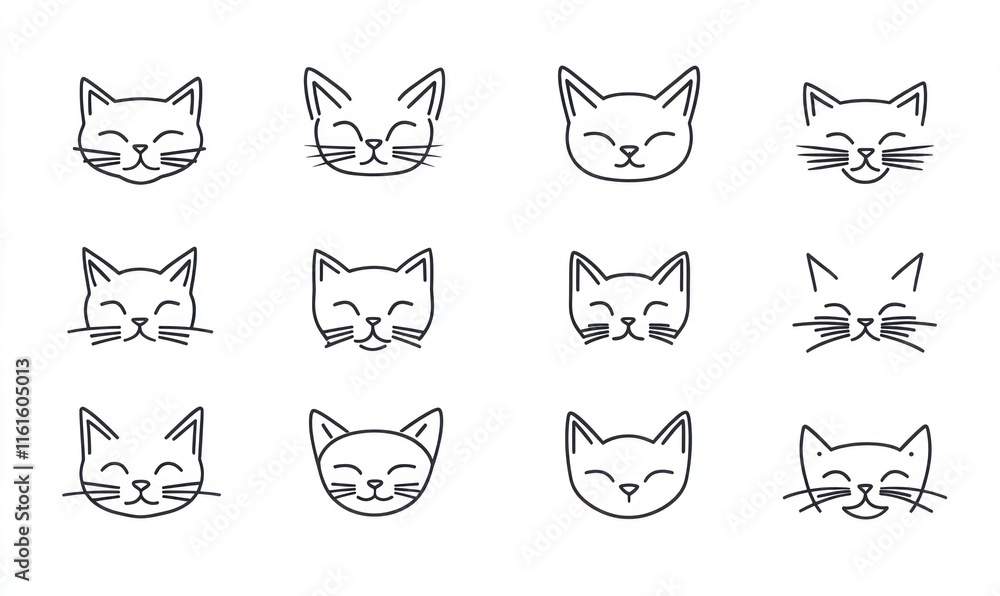 Twelve cute cat face illustrations in minimalist line art style. Twelve cute cat face illustrations in minimalist line art style.