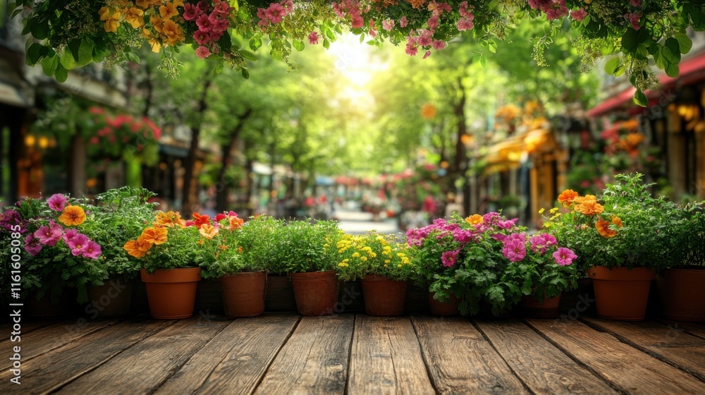 Vibrant Floral Display on a Wooden Deck Overlooking a Charming Street Lined with Colorful Flower Pots and Lush Greenery in a Sunny Atmosphere Vibrant Floral Display on a Wooden Deck Overlooking a Charming Street Lined with Colorful Flower Pots and Lush Greenery in a Sunny Atmosphere