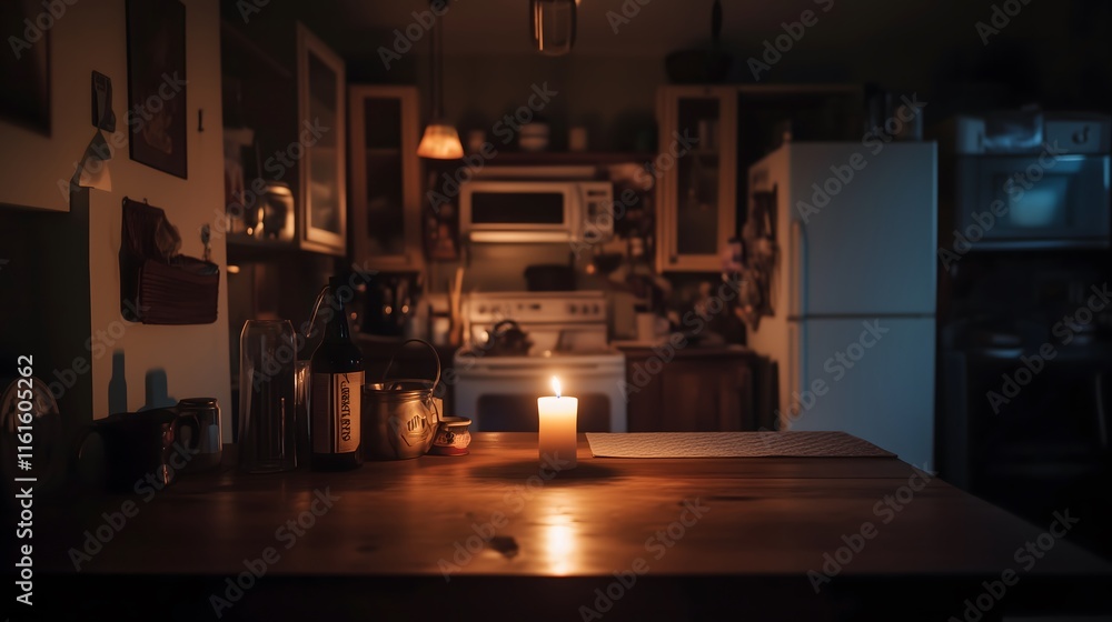 Dark room with single candle flickering on wooden table during power outage, creating serene atmosphere with soft glow illuminating scattered items.