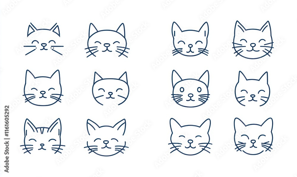 Fototapeta Twelve cute cat face line art icons.