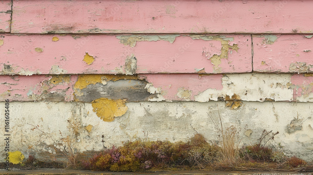 Weathered Wooden Wall with Peeling Paint and Dried Vegetation Highlighting Nature's Impact on Man-Made Surfaces in a Rural Setting Weathered Wooden Wall with Peeling Paint and Dried Vegetation Highlighting Nature's Impact on Man-Made Surfaces in a Rural Setting