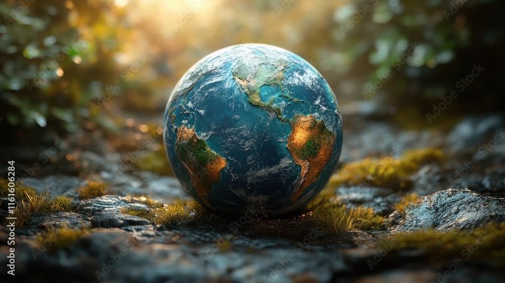 Earth globe resting on mossy rocks at sunset. Earth globe resting on mossy rocks at sunset.