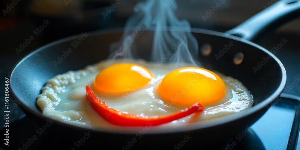 Sunny side up eggs with vibrant peppers cooking in a black skillet on a warm kitchen stove Sunny side up eggs with vibrant peppers cooking in a black skillet on a warm kitchen stove