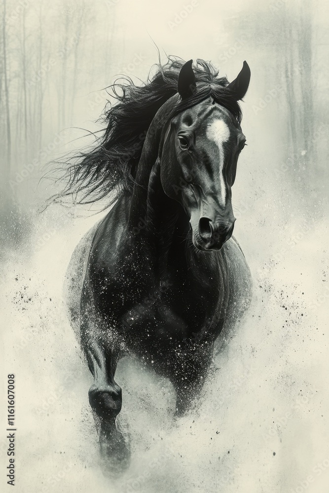 Obraz premium An artistic black and white image of stallions, their muscles taut and their manes flowing in the wind