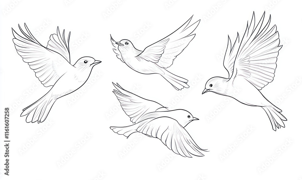 Four birds in flight, sketched in pencil. Four birds in flight, sketched in pencil.