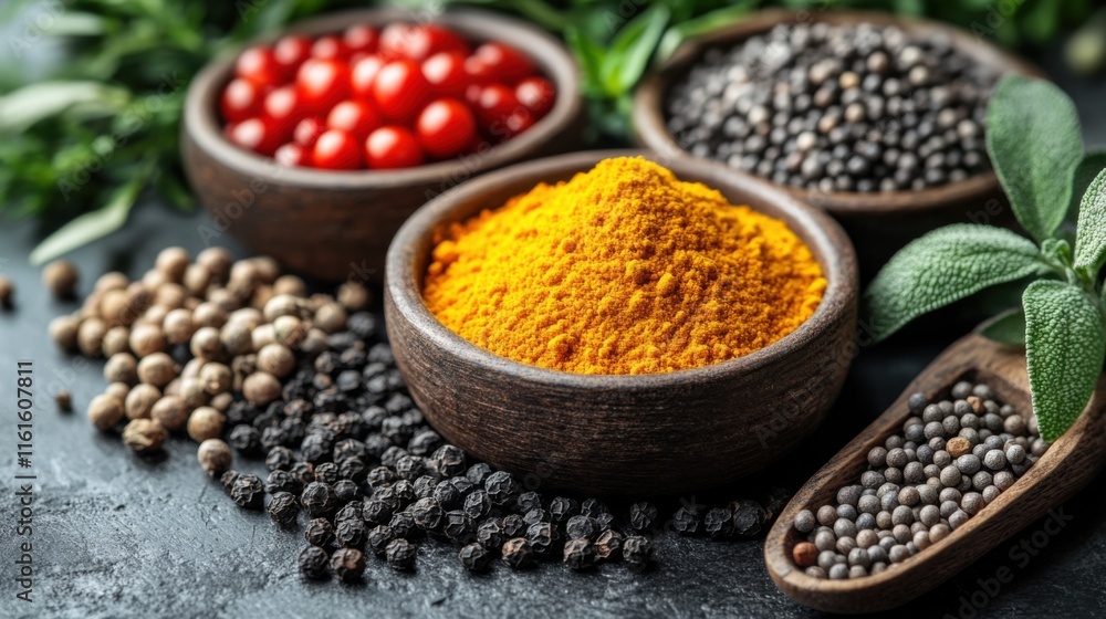 Vibrant Collection of Spices Featuring Turmeric Powder, Black Pepper, and Colorful Cherry Tomatoes in Wooden Bowls with Fresh Green Herbs on Rustic Surface Vibrant Collection of Spices Featuring Turmeric Powder, Black Pepper, and Colorful Cherry Tomatoes in Wooden Bowls with Fresh Green Herbs on Rustic Surface