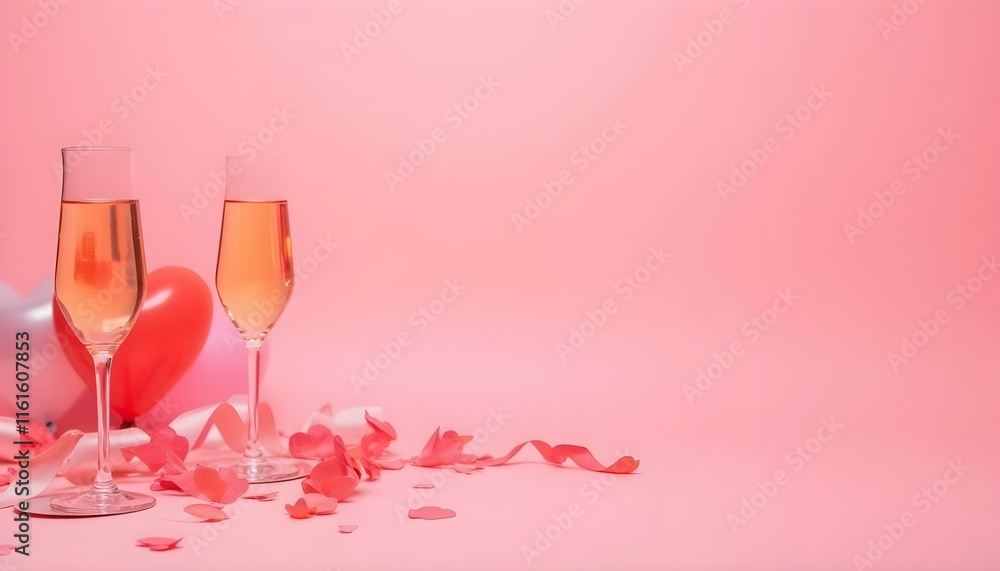 Escenario romántico con copas de champán en fondo rosado, ideal para celebraciones especiales Escenario romántico con copas de champán en fondo rosado, ideal para celebraciones especiales