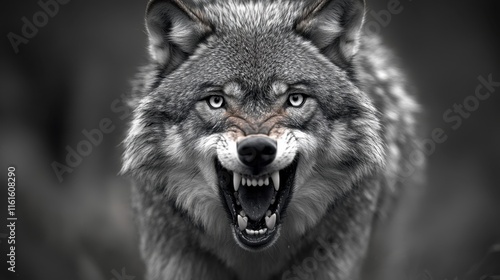 A striking black and white photograph of a snarling wolf, baring its sharp teeth as it prepares to defend its pack photo