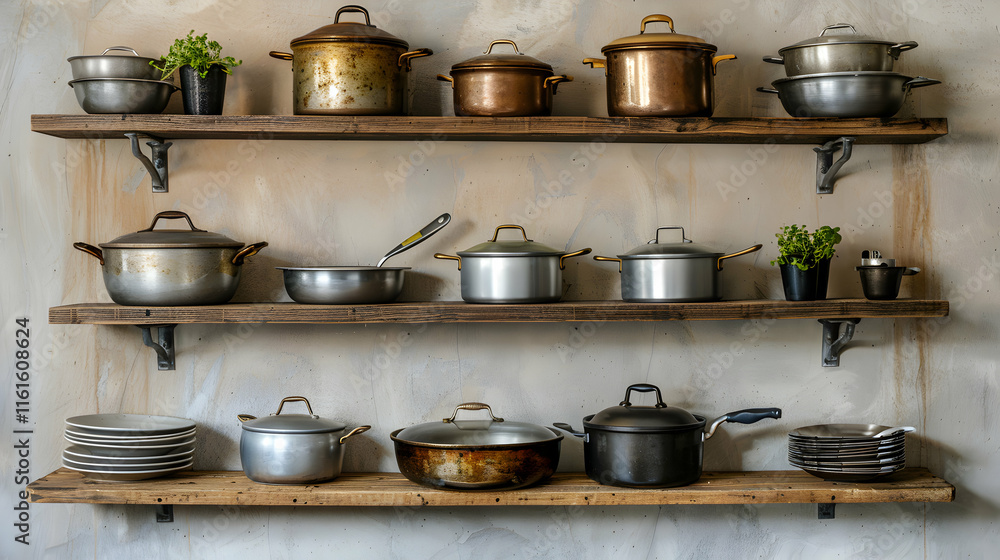 Rustic Kitchen Shelves Filled with Cookware and Potted Herbs Rustic Kitchen Shelves Filled with Cookware and Potted Herbs