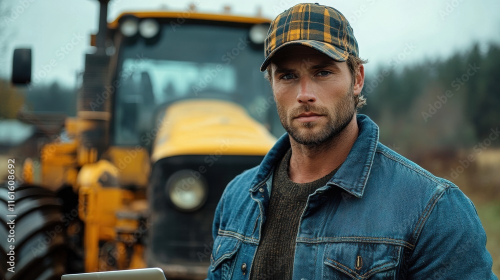 Young Man in Blue Denim Jacket and Checkered Cap Standing in Front of Tractor in Rural Setting During Overcast Day, Showcasing Agricultural Lifestyle and Farming Challenges Young Man in Blue Denim Jacket and Checkered Cap Standing in Front of Tractor in Rural Setting During Overcast Day, Showcasing Agricultural Lifestyle and Farming Challenges