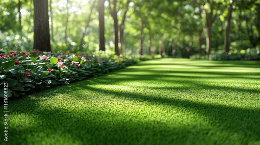 Obraz premium Lush Green Lawn Surrounded by Vibrant Flowerbeds in a Serene Forest Setting on a Bright Sunny Day with Soft Shadows Playing on the Grass