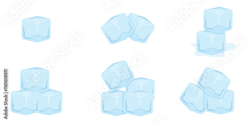 Cartoon-style ice cubes set featuring transparent blue frozen water in various arrangements. Perfect for beverage designs, cocktail illustrations, summer themes, and cooling concepts in vector style.