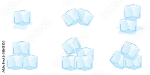 Ice cubes set featuring cartoon-style hand-drawn vector illustrations. Transparent frozen water crystals for cocktails, beverages, and lemonade. Blue frozen clear crystal pieces. Ice crystal cubes
