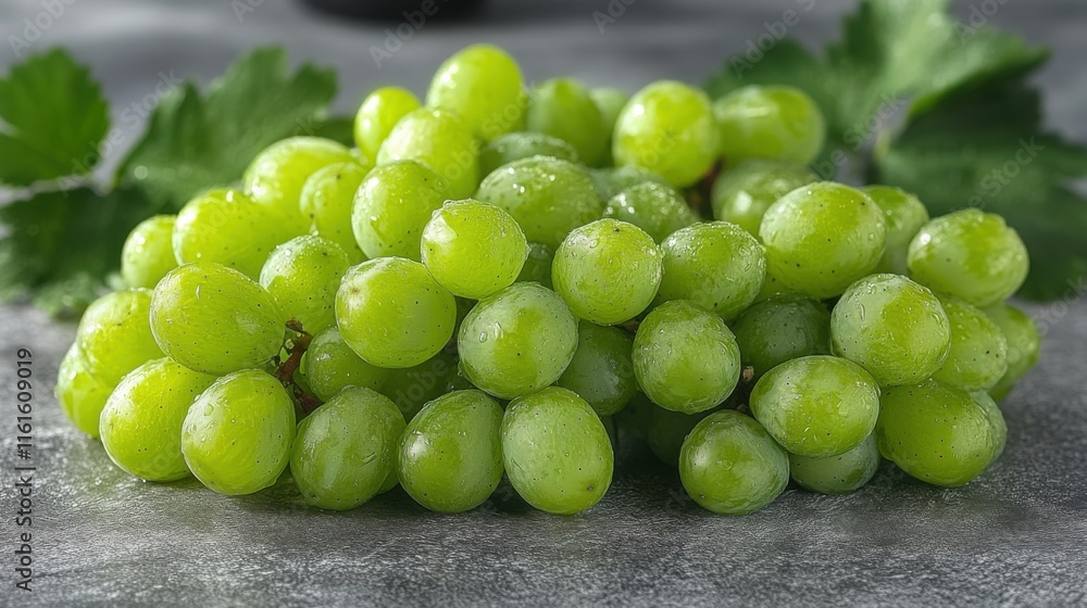 Fresh and Juicy Green Grapes with Water Droplets on a Gray Surface Surrounded by Leaves, Ideal for Healthy Snacking or Culinary Uses in Food Photography Fresh and Juicy Green Grapes with Water Droplets on a Gray Surface Surrounded by Leaves, Ideal for Healthy Snacking or Culinary Uses in Food Photography