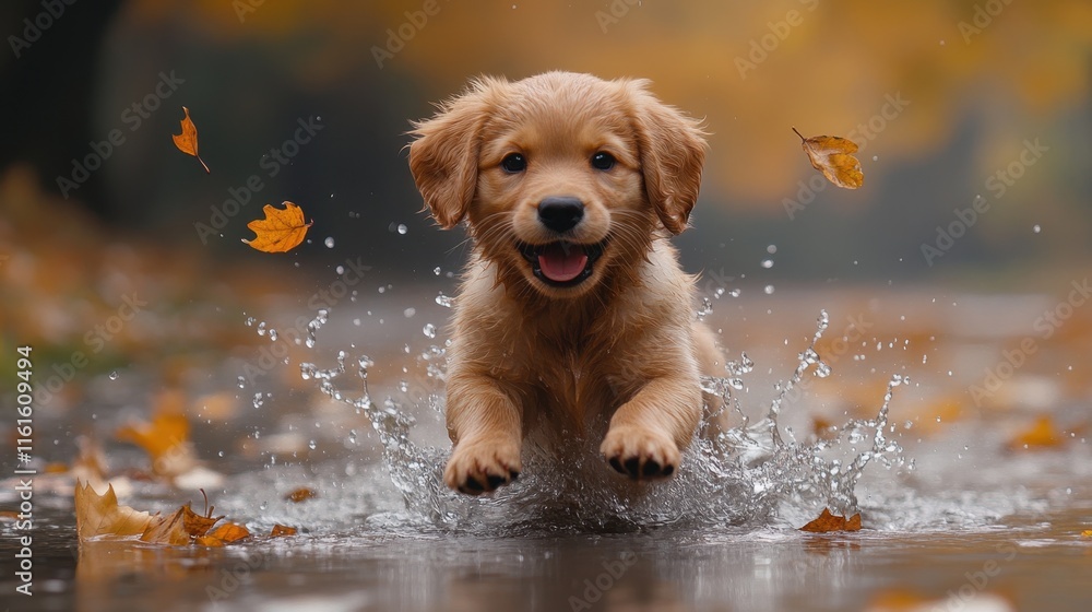 a playful puppy splashing through a shallow stream with autumn leaves floating on the surface a playful puppy splashing through a shallow stream with autumn leaves floating on the surface