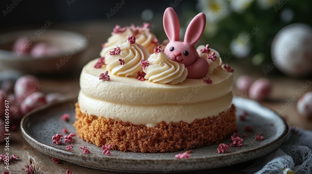 A modern take on a classic Easter bunny cake, featuring fluffy layers of white chocolate mousse, a soft sponge, and a delicate floral garnish A modern take on a classic Easter bunny cake, featuring fluffy layers of white chocolate mousse, a soft sponge, and a delicate floral garnish