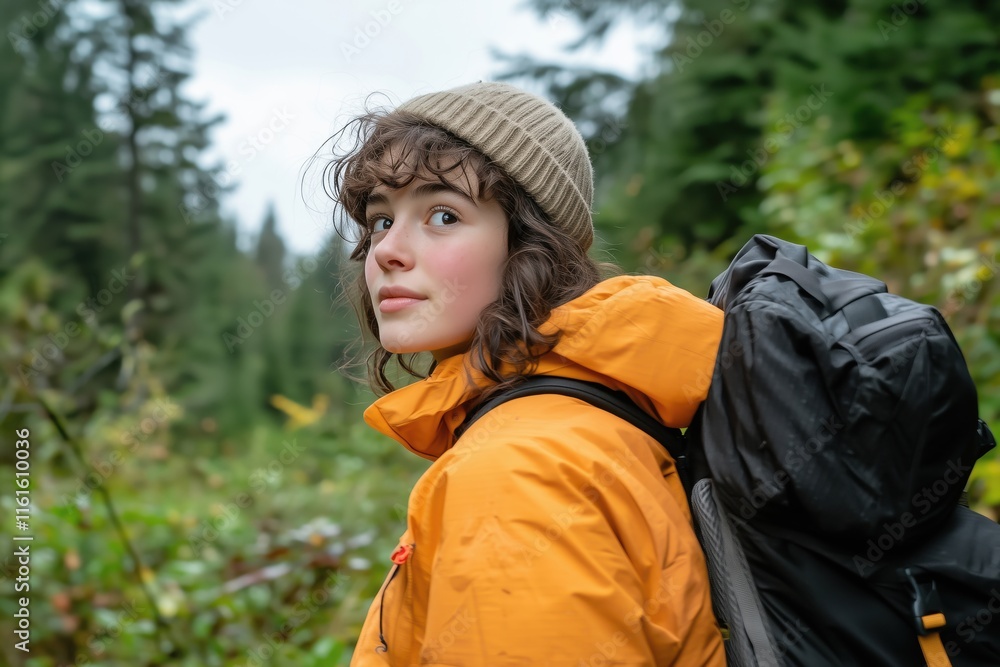 A smiling woman in a yellow jacket and beanie hiking through a lush forest, carrying a backpack, with misty mountains in the background, representing adventure and exploration. A smiling woman in a yellow jacket and beanie hiking through a lush forest, carrying a backpack, with misty mountains in the background, representing adventure and exploration.