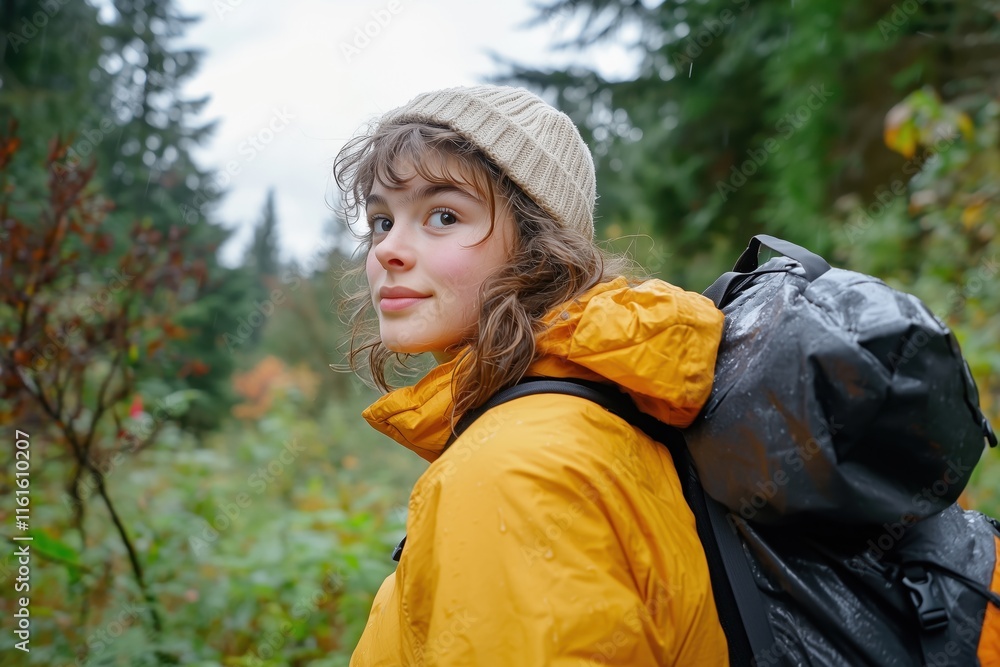 A smiling woman in a yellow jacket and beanie hiking through a lush forest, carrying a backpack, with misty mountains in the background, representing adventure and exploration. A smiling woman in a yellow jacket and beanie hiking through a lush forest, carrying a backpack, with misty mountains in the background, representing adventure and exploration.