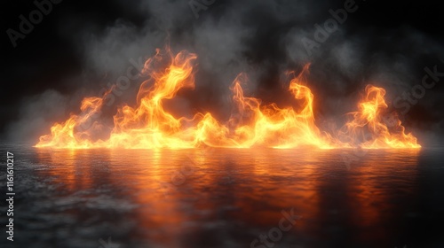 Fiery flames reflecting on wet ground with smoke.