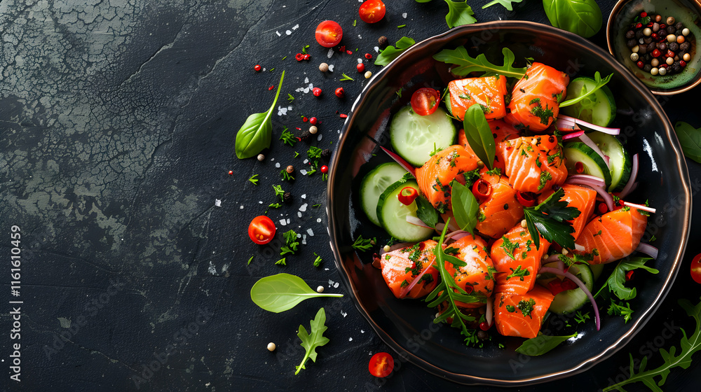 Fresh Salmon Salad with Vegetables and Herbs on Dark Background Fresh Salmon Salad with Vegetables and Herbs on Dark Background