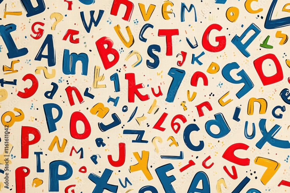 Colorful playful pattern of stylized letters and numbers scattered across a light background for creative design inspiration. Generative AI Colorful playful pattern of stylized letters and numbers scattered across a light background for creative design inspiration. Generative AI