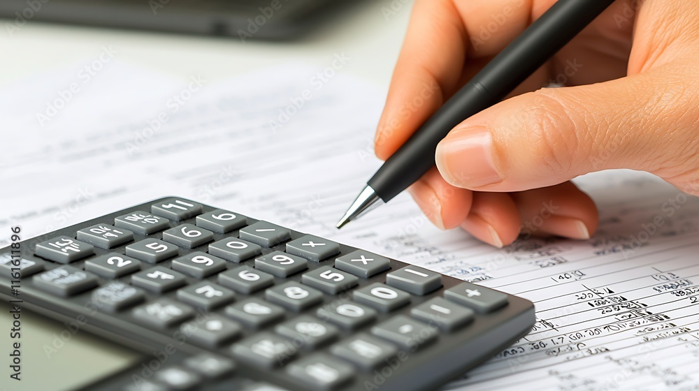 Close-up of hand using pen and calculator on paperwork. Close-up of hand using pen and calculator on paperwork.